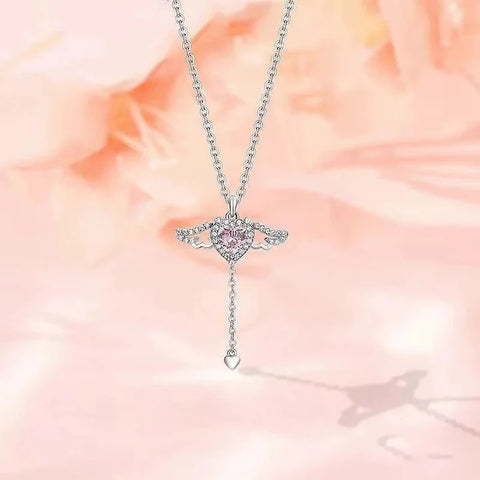 Movable Pink Crystal Zircon Diamond Love Heart Angel Wings Pendant Necklace Movable Pink Crystal Zircon Diamond Love Heart Angel Wings Pendant Necklace