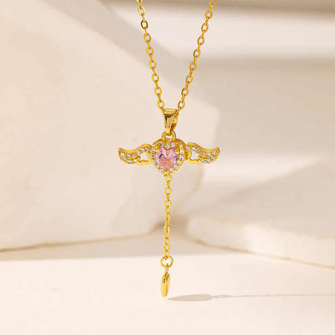 Movable Pink Crystal Zircon Diamond Love Heart Angel Wings Pendant Necklace Movable Pink Crystal Zircon Diamond Love Heart Angel Wings Pendant Necklace
